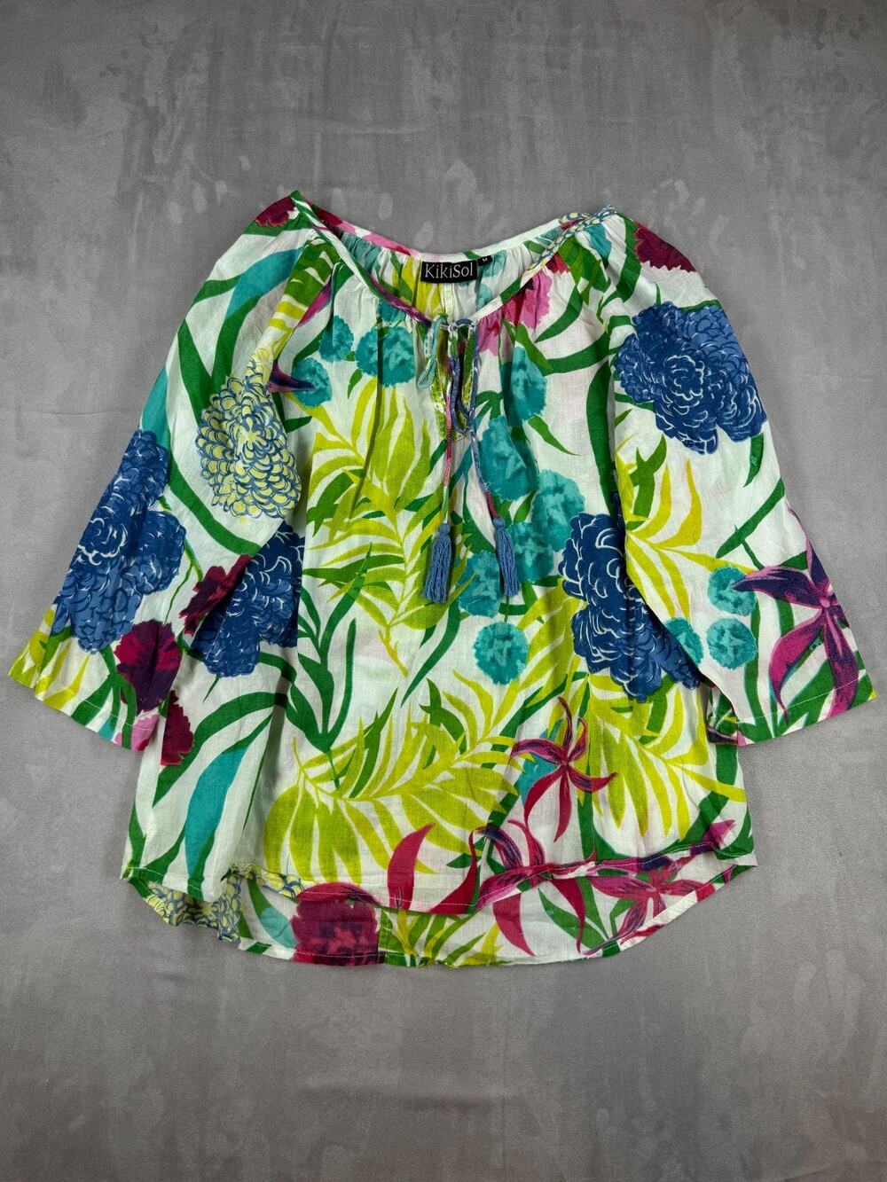 Kikisol Women's Summer Lightweight Medium Floral Collar-Tie 3/4 Sleeve Tunic